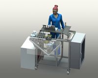 Maqueta educativa de control de calidad por visión artificial, diseñada en SolidWorks 2022 y renderizada con PhotoView